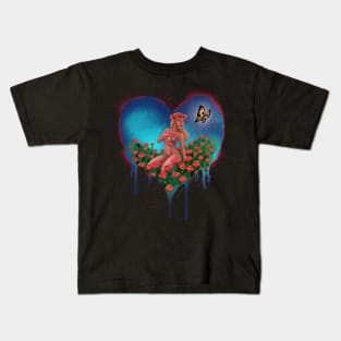 LOVE HEART with BUTTERFLY and ROSES - Graffiti Style (Blue) Kids T-Shirt